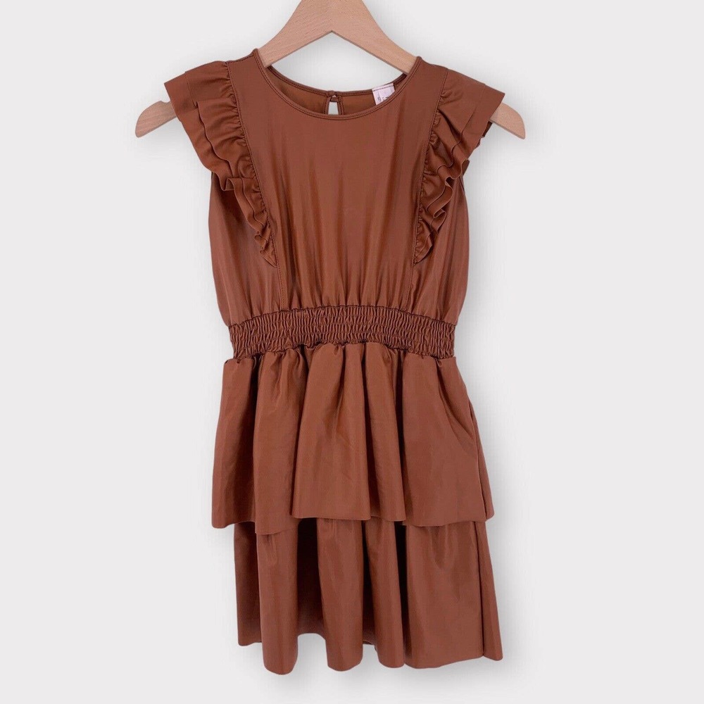 Tru Luv Girls Leather-Like Layered Ruffle Sleeve Dress Brown 10